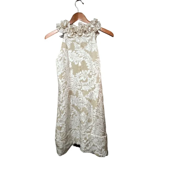 London Times Women's Dress Size 6 Beige Floral Ruffle Neck - Picture 3 of 6